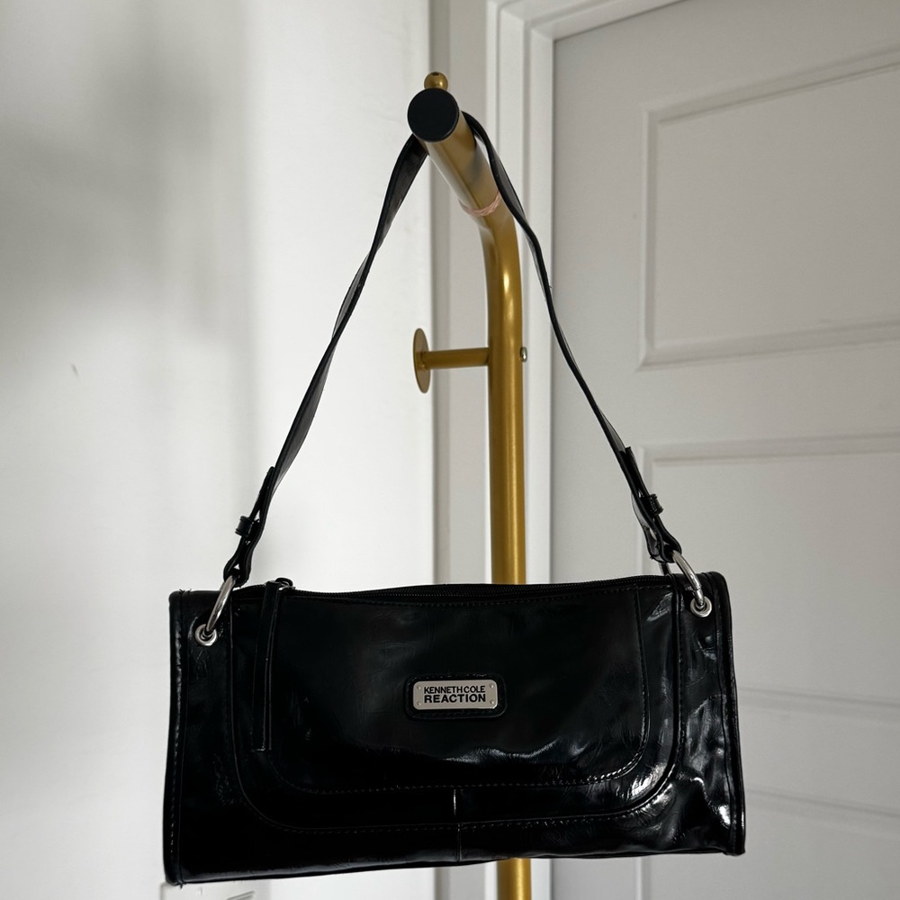 Y2K Vintage Vegan Patent Leather Versatile Slim Bag Black Pouchette Cyber 90s - Picture 2 of 13